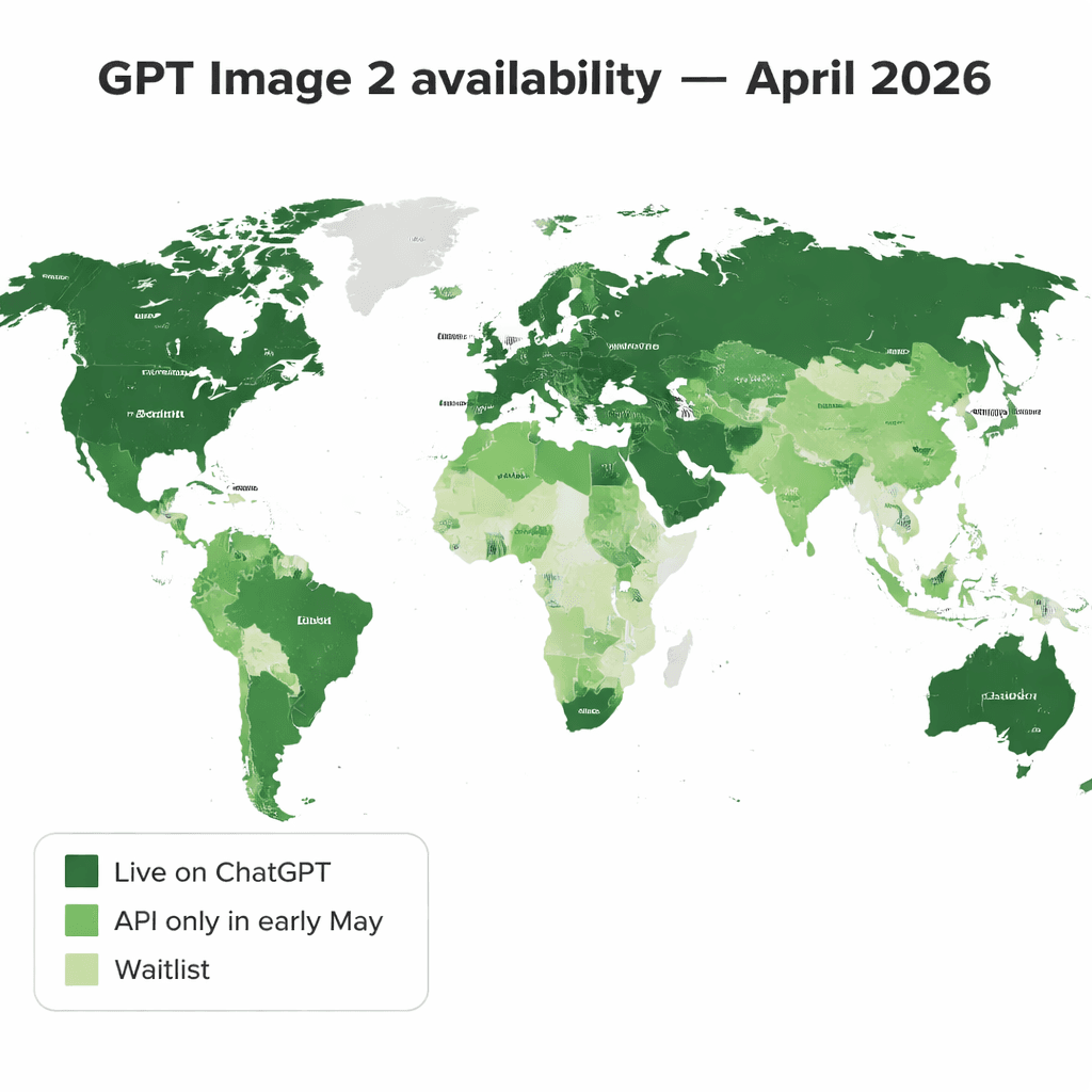 A stylized world map showing ChatGPT regional rollout indicators with color-coded availability.